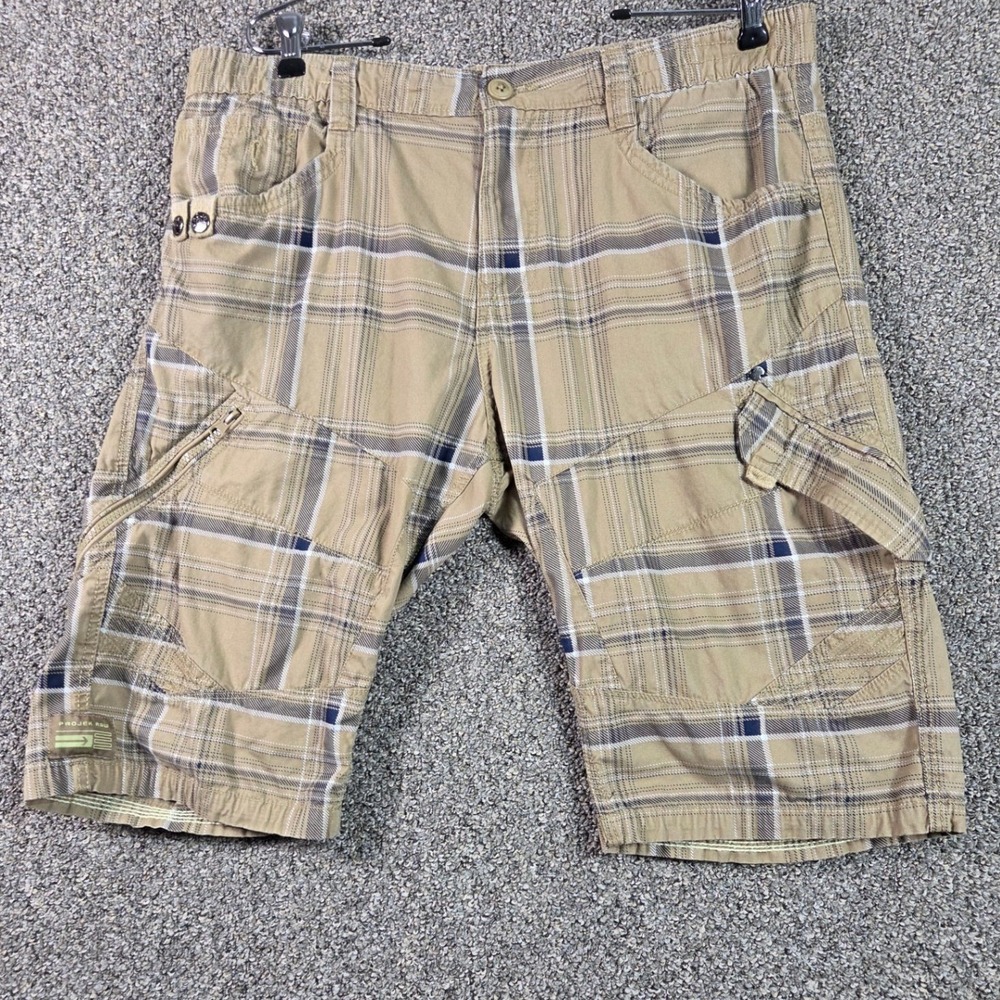 Projek Raw Cargo Shorts Mens 38 Tan Plaid‎ Cotton Multi-Pocket Utility Casual